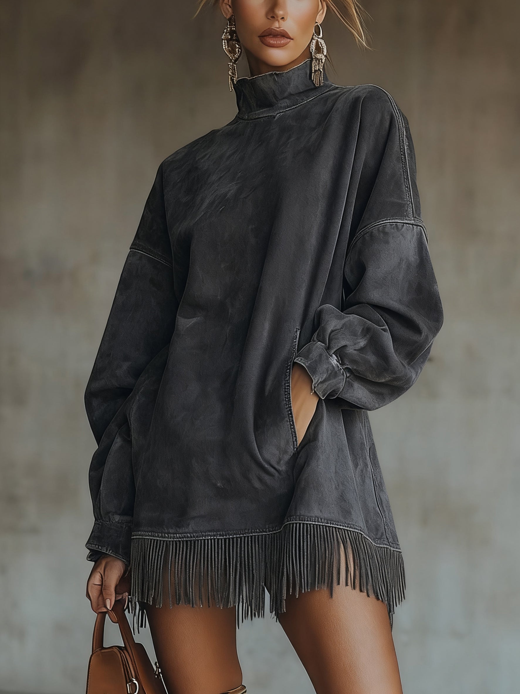 Olive Faux Suede Turtleneck Dress With Fringe Hem