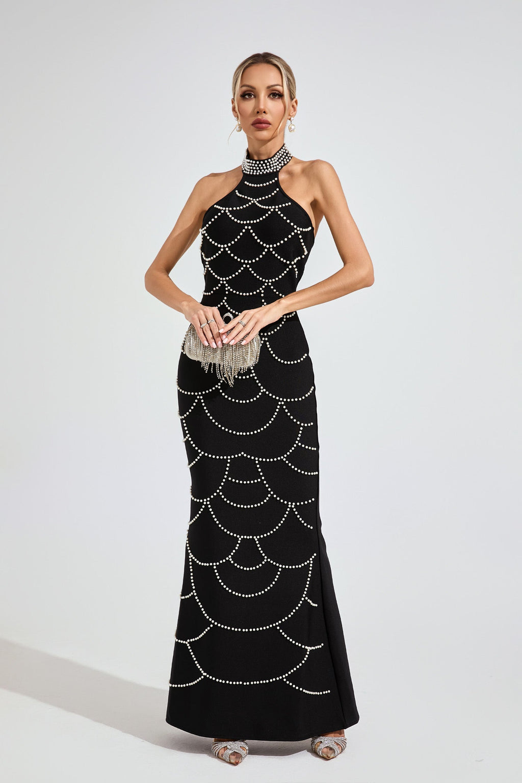 Iris Black Pearl Halter Bandage Maxi Dress