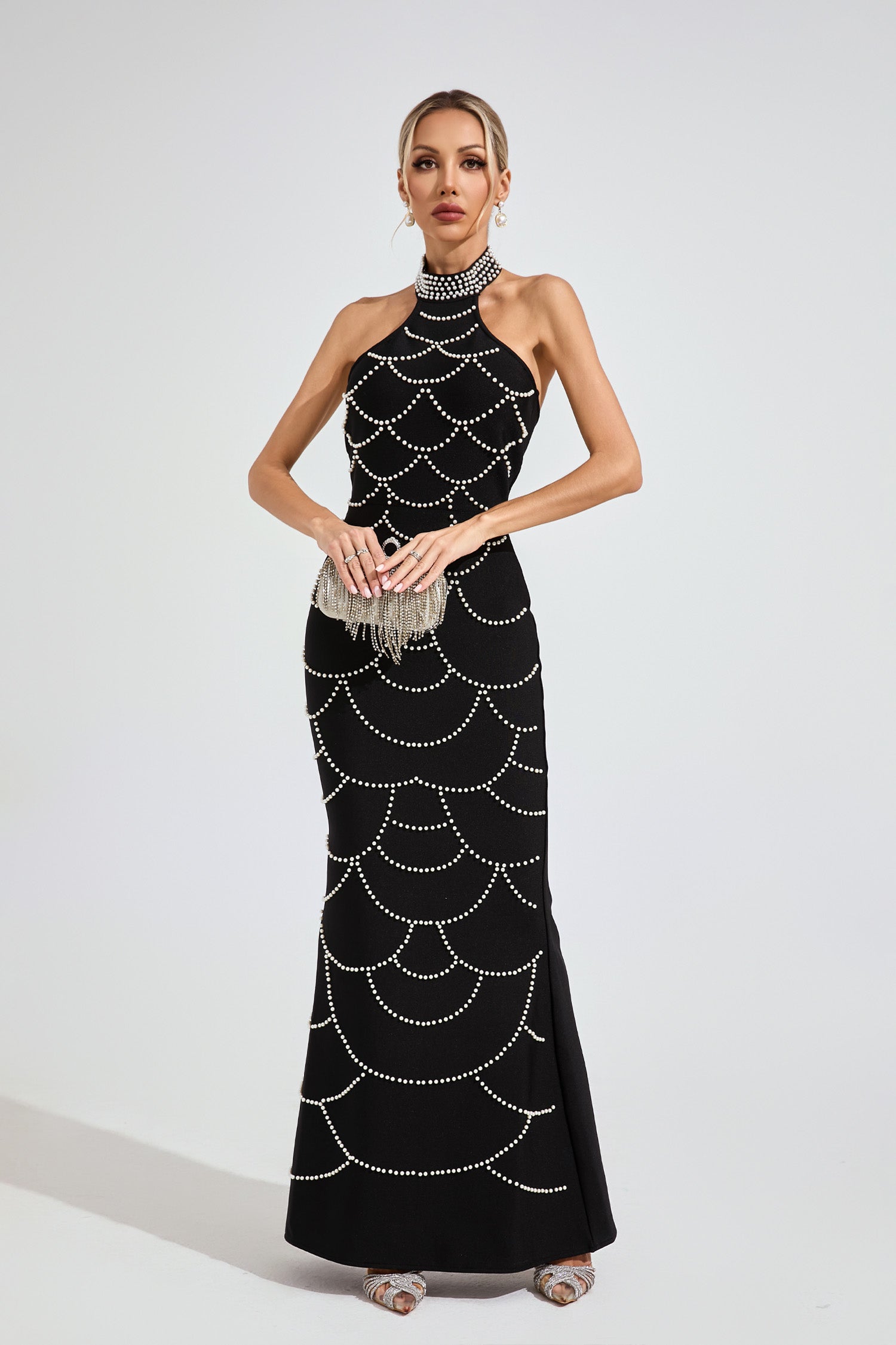 Iris Black Pearl Halter Bandage Maxi Dress