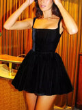 Vintage Square Collar Sling Velvet Mini Dress