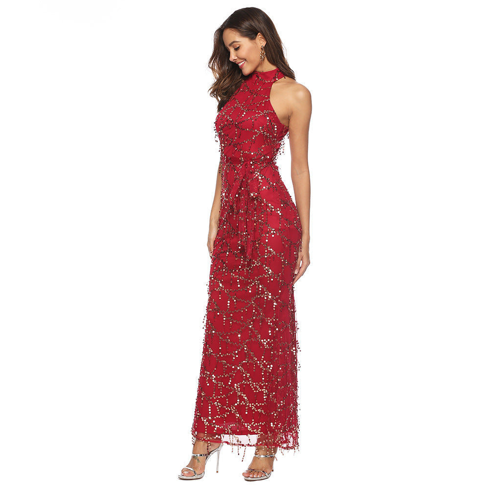 Popular Sleeveless Turtleneck Tassel Sequ Dress Maxi Dress