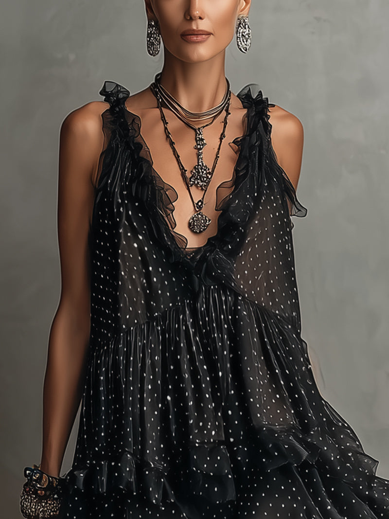 Black Polka Dot Chiffon Ruffled High-Low Mini Dress