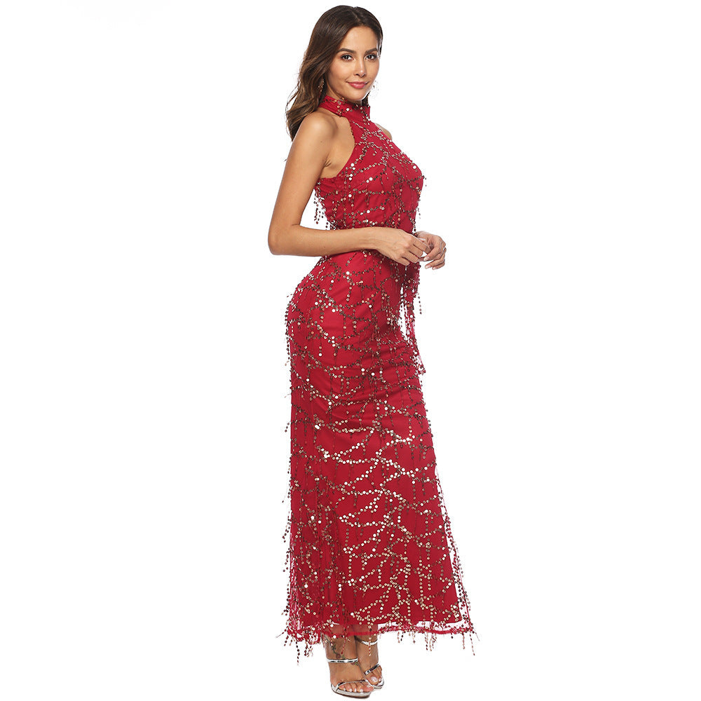 Popular Sleeveless Turtleneck Tassel Sequ Dress Maxi Dress