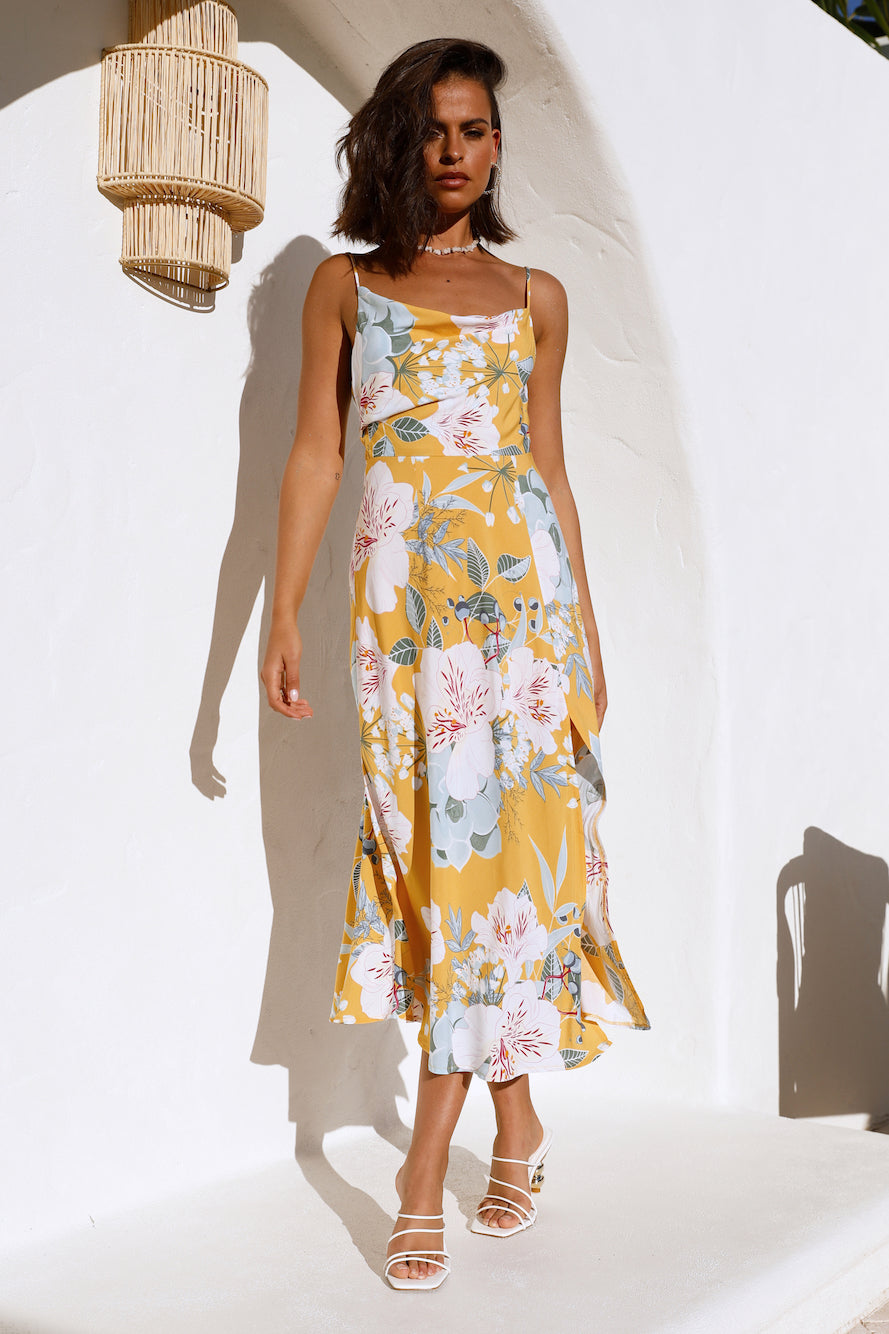 Vacation Square Neck Sleeveless Floral High Split Cami Maxi Dress