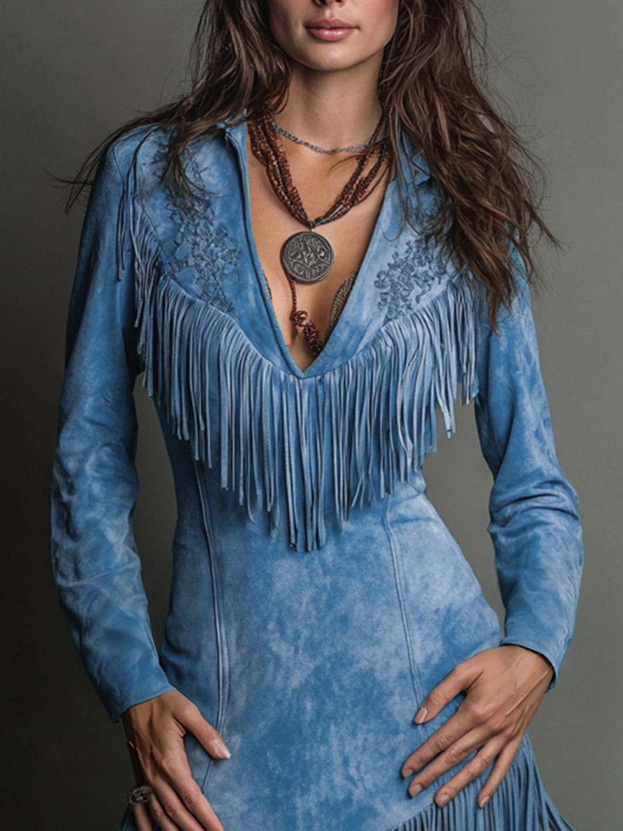 sheenchic Daily Blue V Neck Long Sleeve Strappy Western Embroidery Chamois Mini Dresses