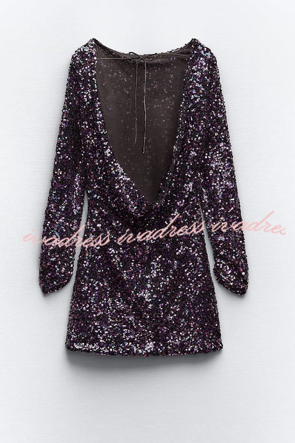 Call Me Beauty Sequin Back Cowl Neck Draped Long Sleeve Mini Dress
