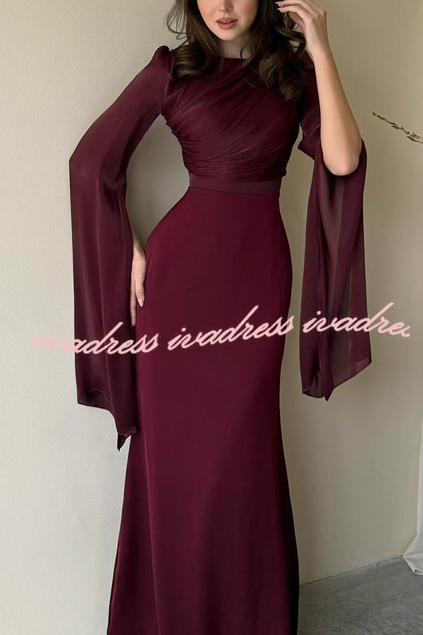 Liora Ruched Organza and Satin Patchwork Design Long Bell Slit Sleeve Maxi Dress
