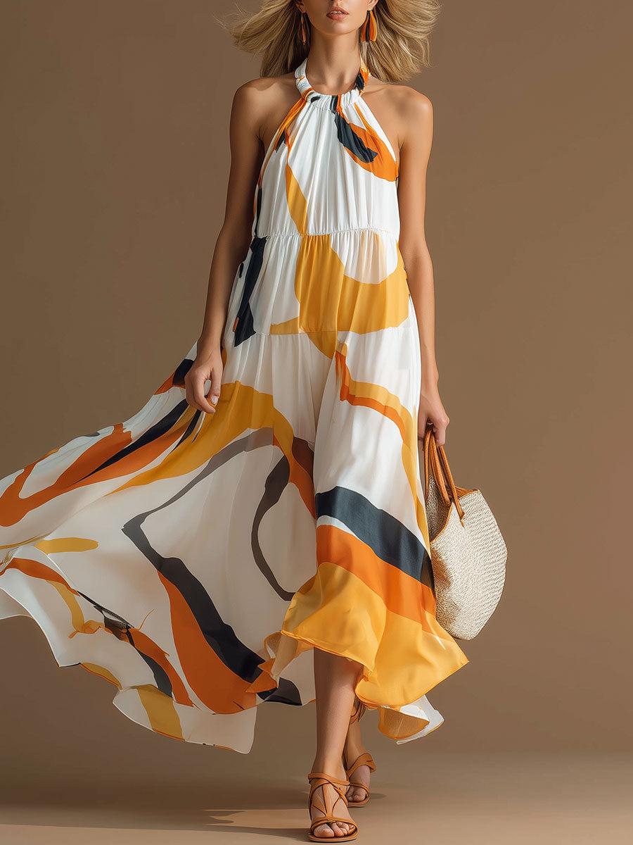 Stylish And Elegant Color-blocked Sleeveless Chiffon Maxi Dress
