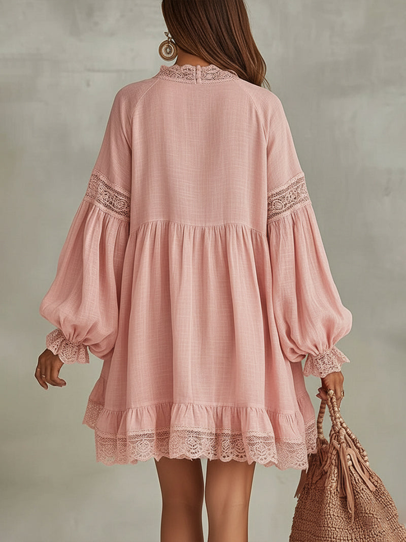 Pink Lace-Trim V-Neck Long Sleeve Linen Mini Dress