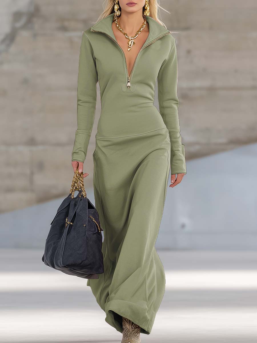 Elegant Retro Sporty V-neck Front Zipper Long-sleeved Pink Maxi Dress