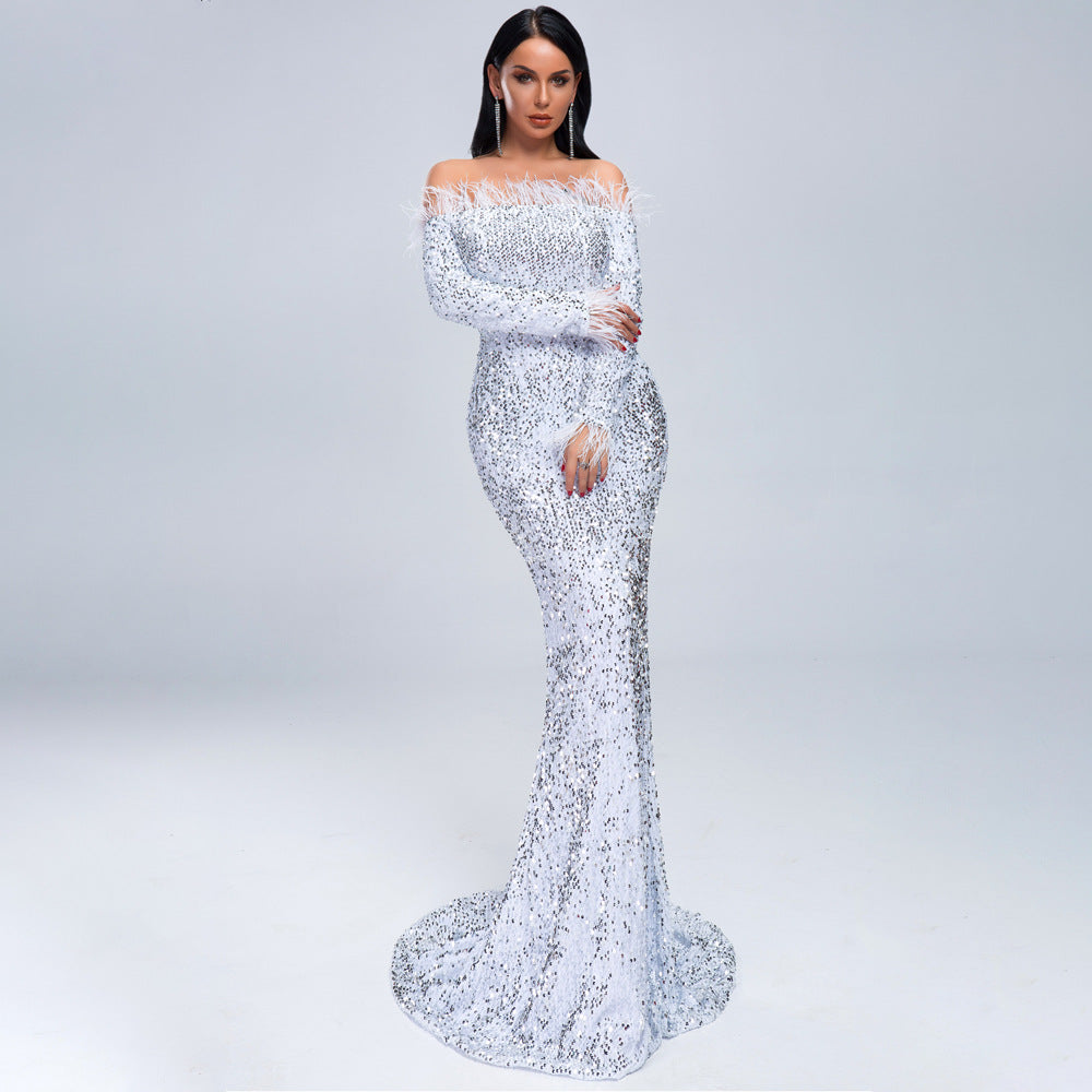 Sequined Evening off Shoulder Feather Long Sleeve Party Maxi Dress