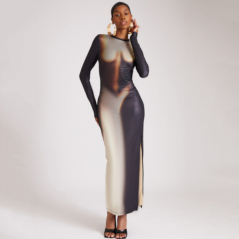 round Neck Long Sleeved Dress Tight Split Maxi Dress