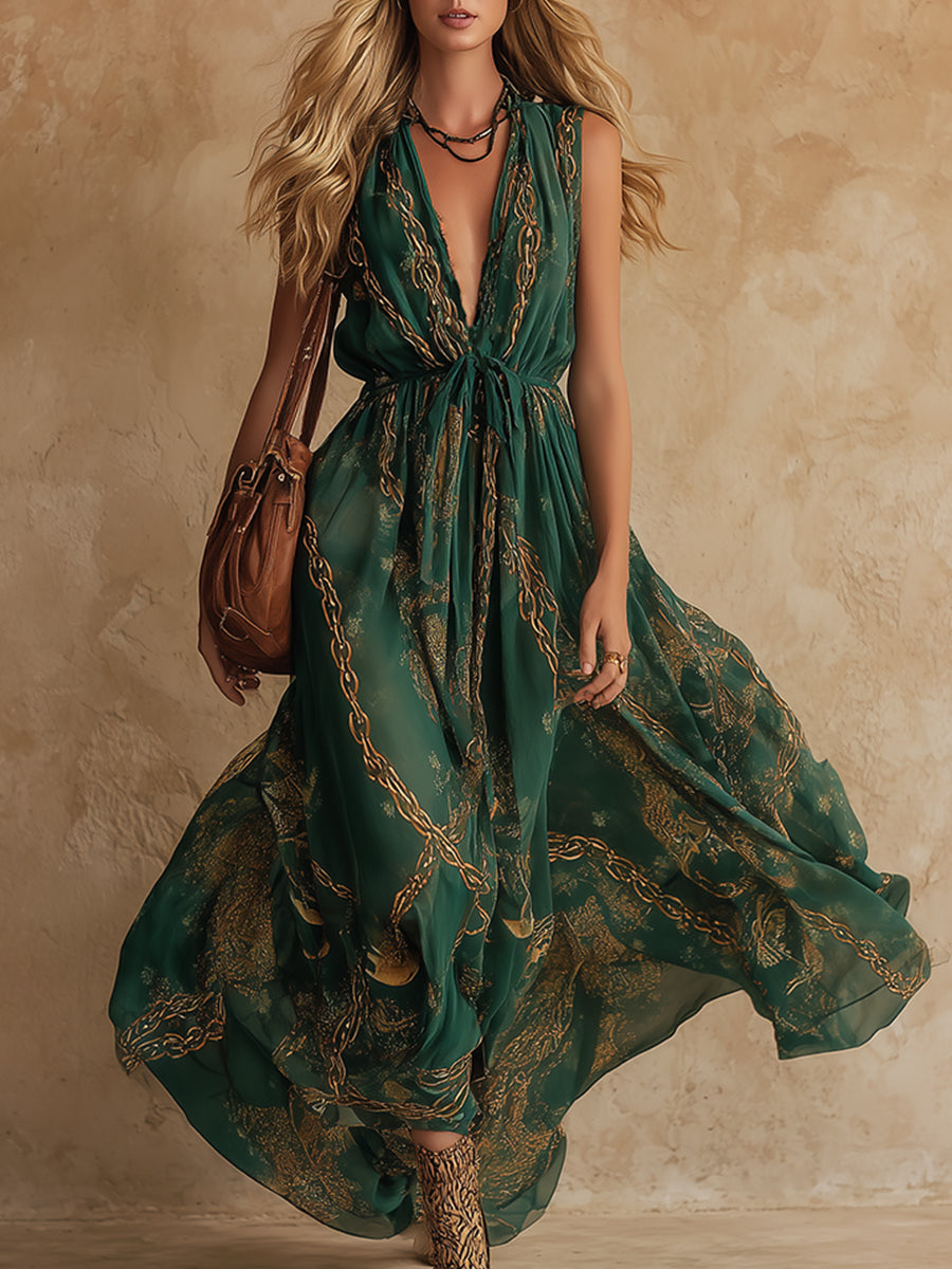 Retro Ethnic Style Chiffon Printed V-neck Sleeveless Maxi Dress