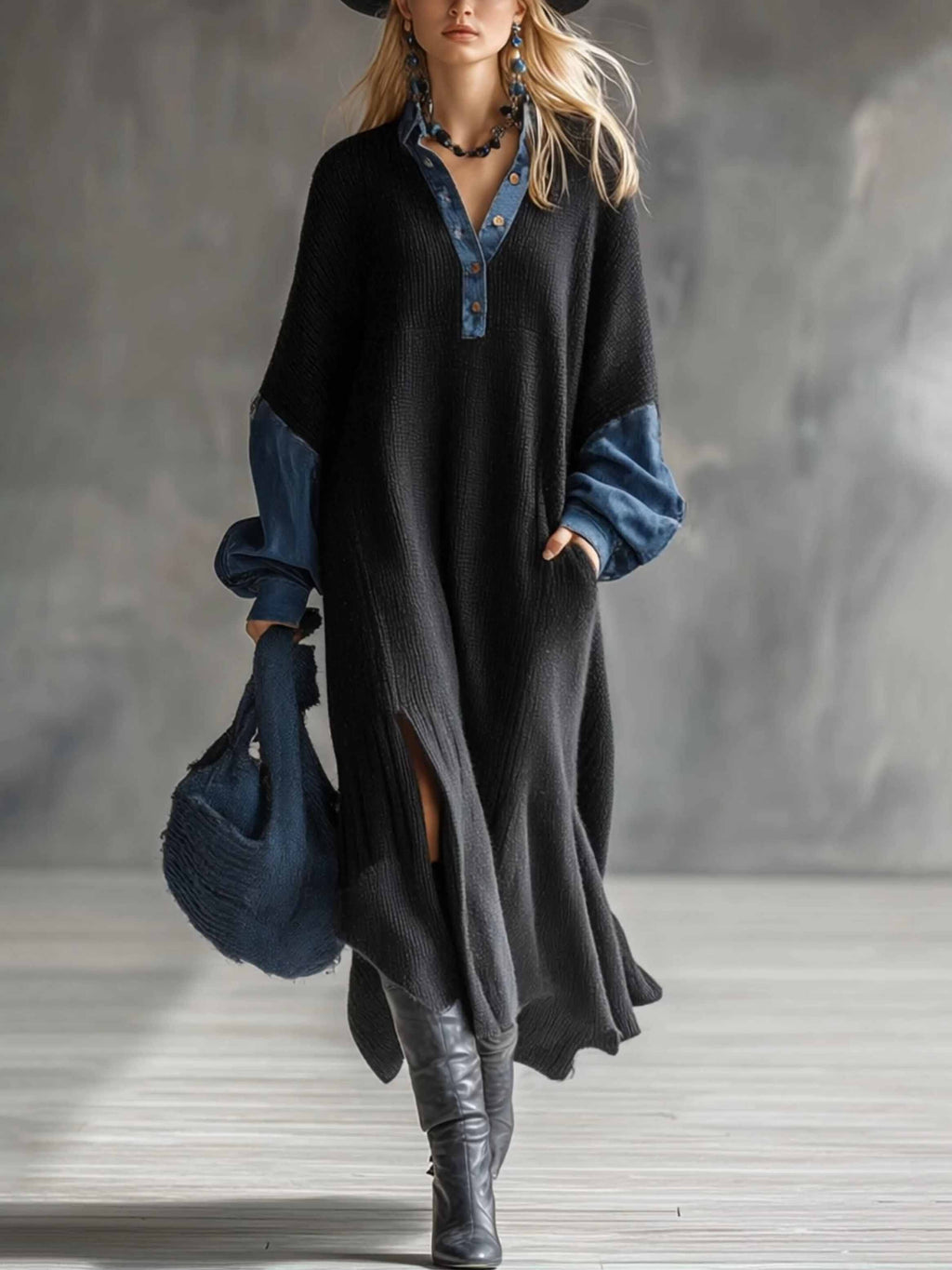 Casual Knit Denim Slit Maxi Dress