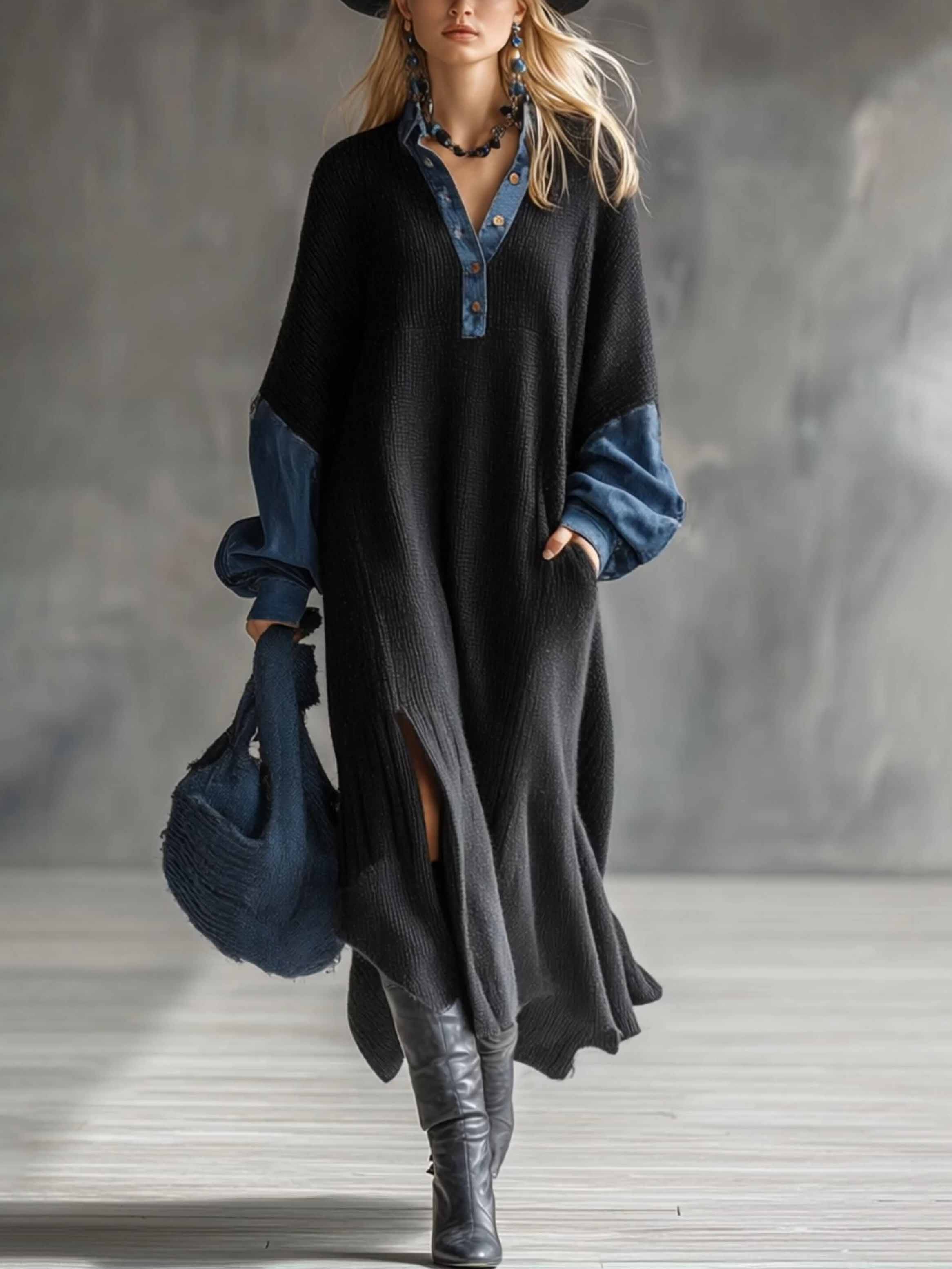 Casual Knit Denim Slit Maxi Dress