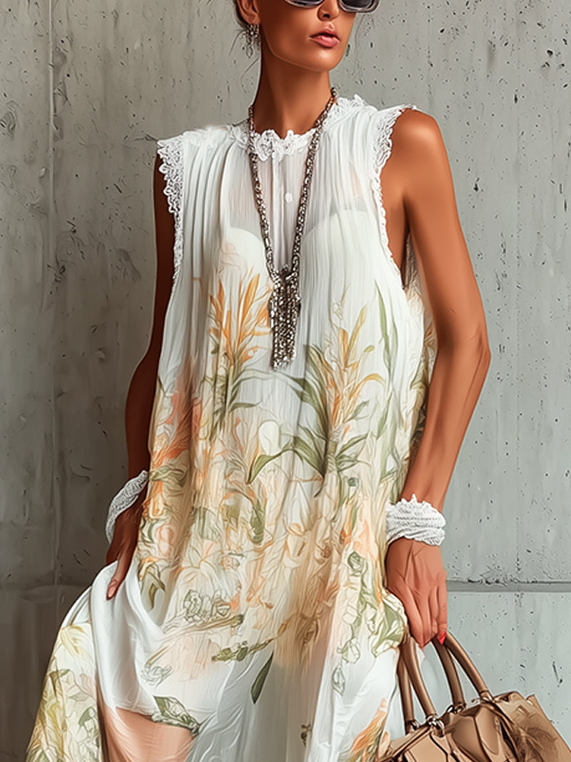 White Floral Pleated Chiffon Lace-Trim Maxi Dress