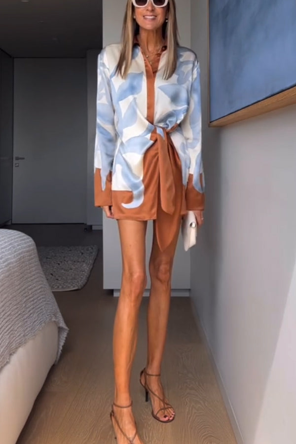 Lake Days Satin Colorblock Unique Print Tie-up Shirt Mini Dress