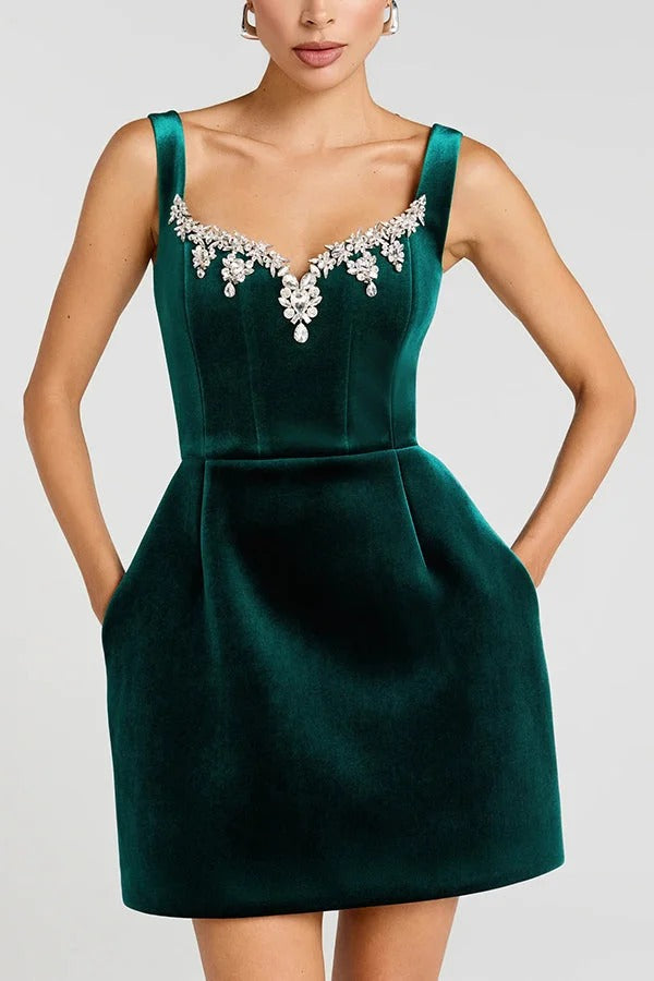 Blair Luxurious Velvet Jewel-encrusted Sweetheart Neck Pocket Tulip Stretch Mini Dress