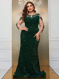 Plus Size Mesh Sequin Stitching Long Sleeve Three Dimensional Floral Evening Dress Cocktail Fishtail Maxi Dress