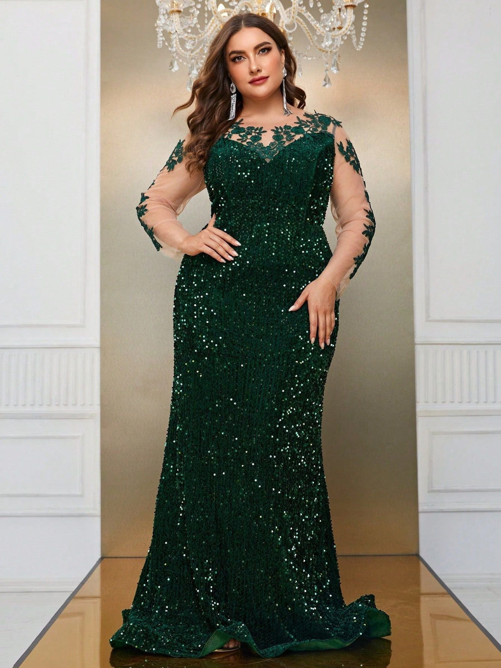 Plus Size Mesh Sequin Stitching Long Sleeve Three Dimensional Floral Evening Dress Cocktail Fishtail Maxi Dress