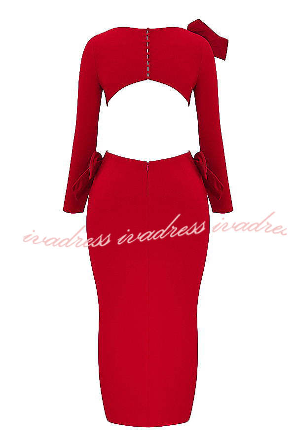 Lovely Bow Cutout Button Back Zipper Long Sleeve Maxi Dress