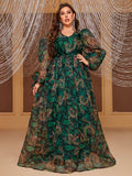 Plus Size Chiffon Maxi Dress Long Sleeve Elegant Random Print Maxi Dress for