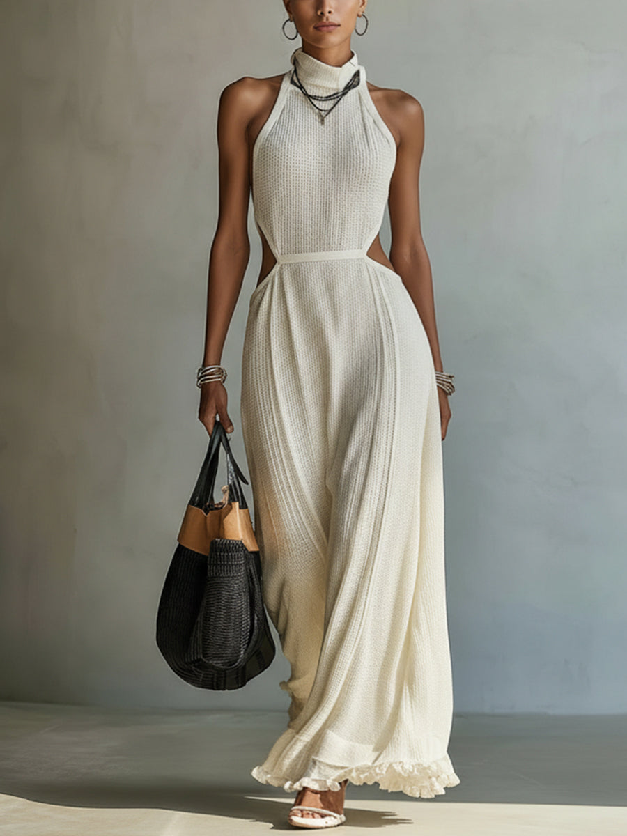 Cream Lightweight Sleeveless Knit Maxi Dress For Spring And Summer