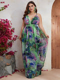 Plus Size Chiffon Spaghetti Straps Sleeveless Maxi Dress Printed V neck Vacation Dress