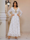 Gold Pattern Printed Maxi Dress Patchwork Knitted Belt Long Sleeve Dress