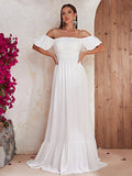 Off Shoulder White Maxi Dress Short Sleeve Prom Evening Dress Long Casual Holiday Dress