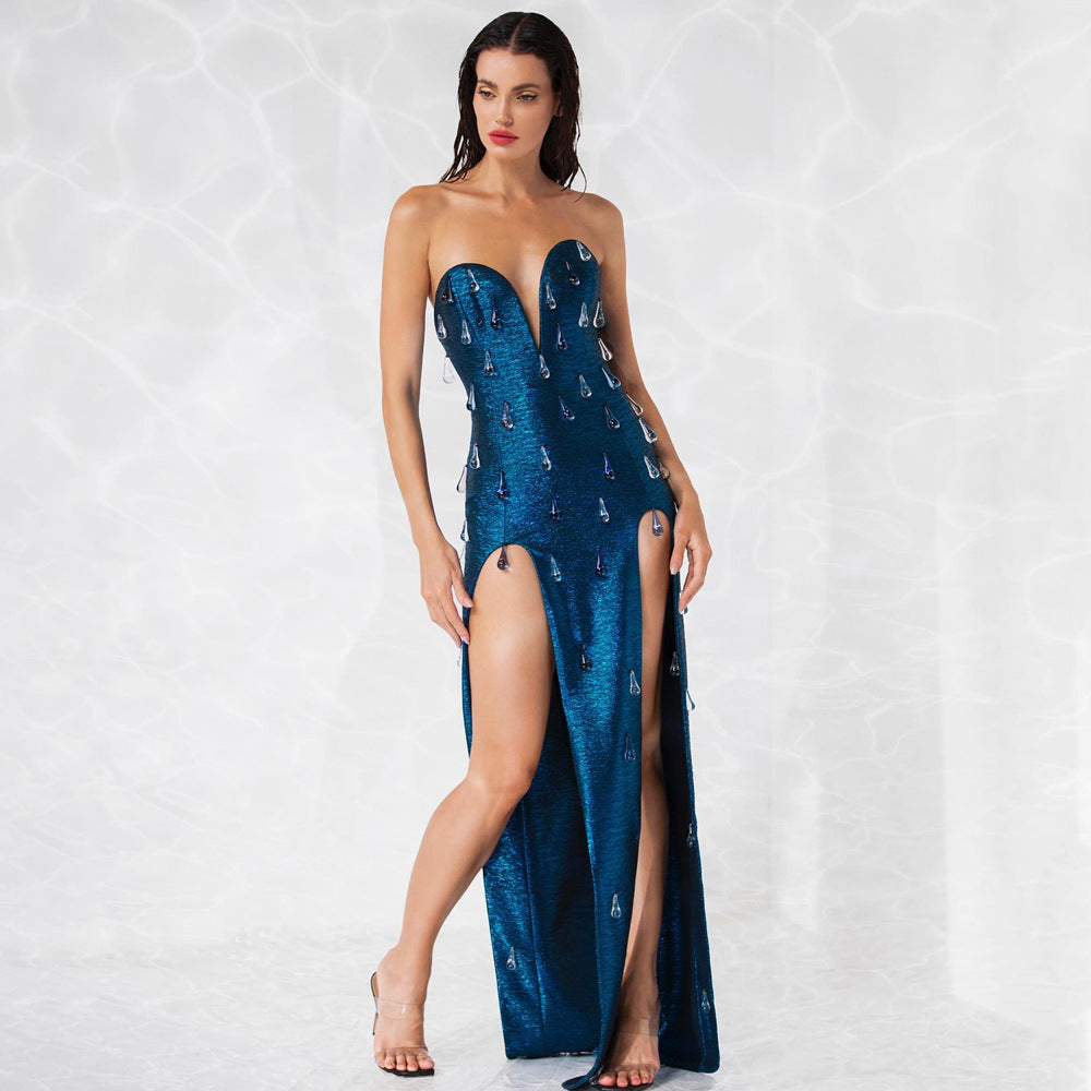 Hollow Out Cutout out Bronzing Tube Top Rhinestone Slim Fit Sheath Fitted Waist Maxi Dress