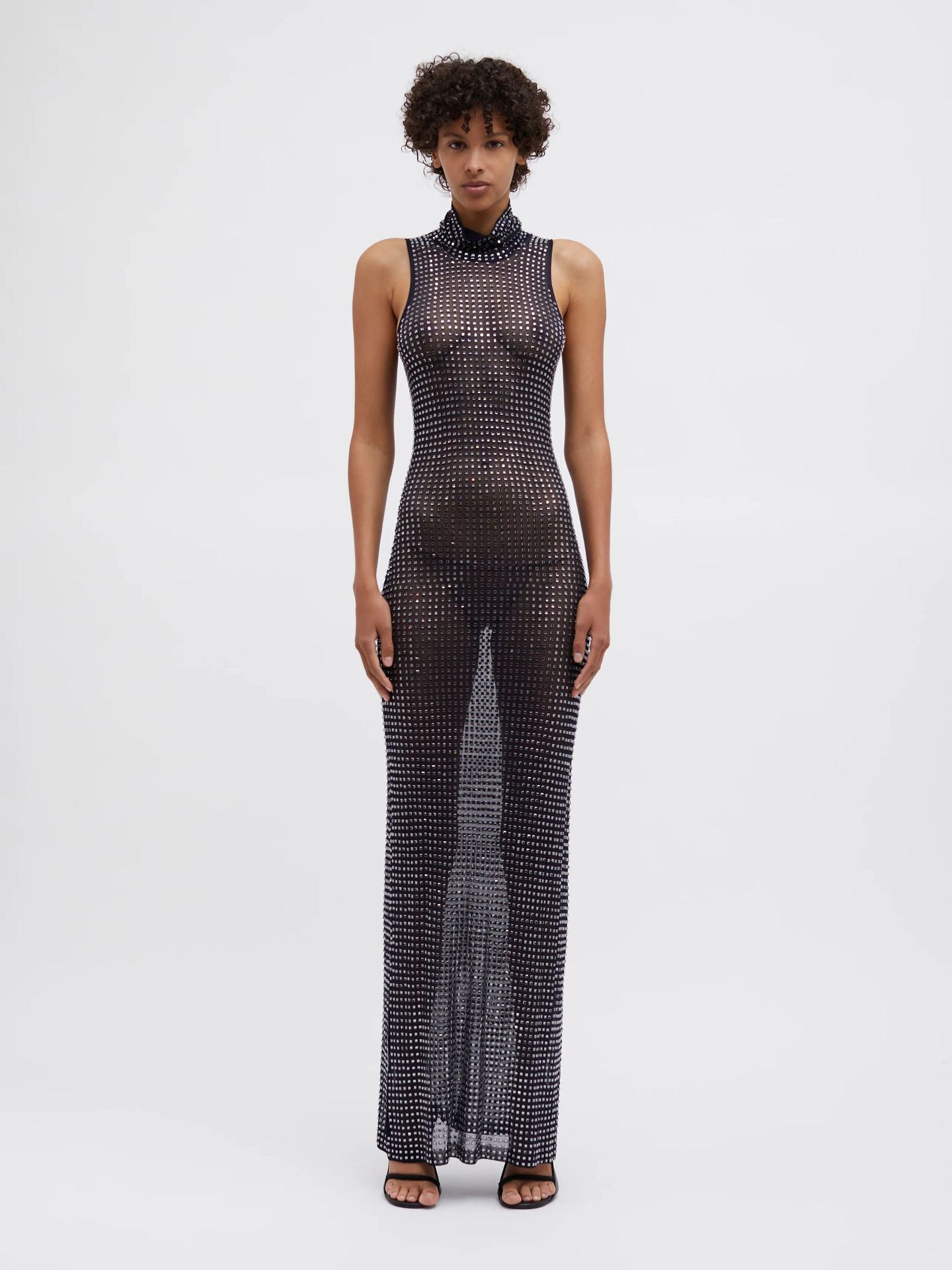 Sheer Cutout Maxi Dress Mesh Rhinestone Sleeveless Maxi