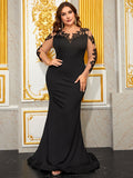 Plus Size Prom Evening Dress Mesh Lace Floral Maxi Dress Long Sleeve Elegant Graceful Fishtail Evening Gown