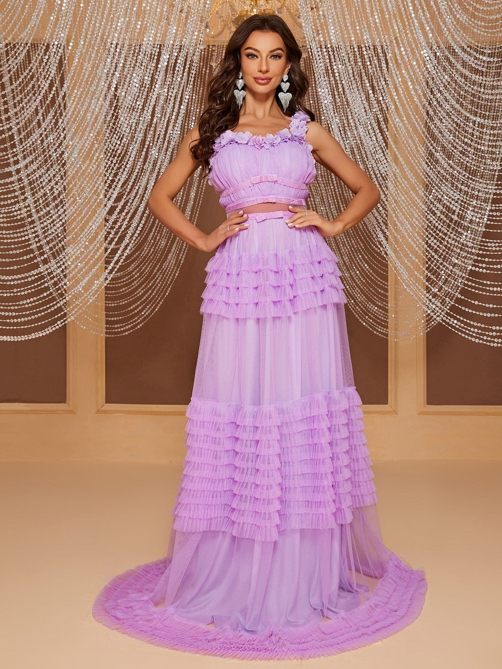 Lace Sling Maxi Dress Sleeveless Cake Multi Layer Stitching Elegant Dress