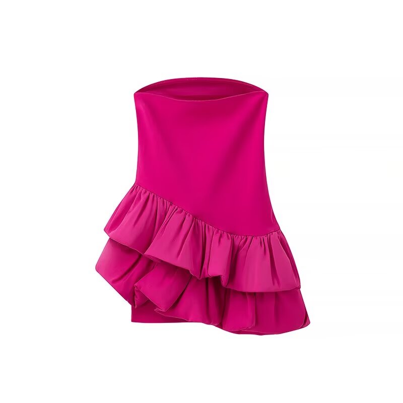 Tube Top Irregular Asymmetric Slim Fit Ruffled Stitching Mini Dress Rose Red