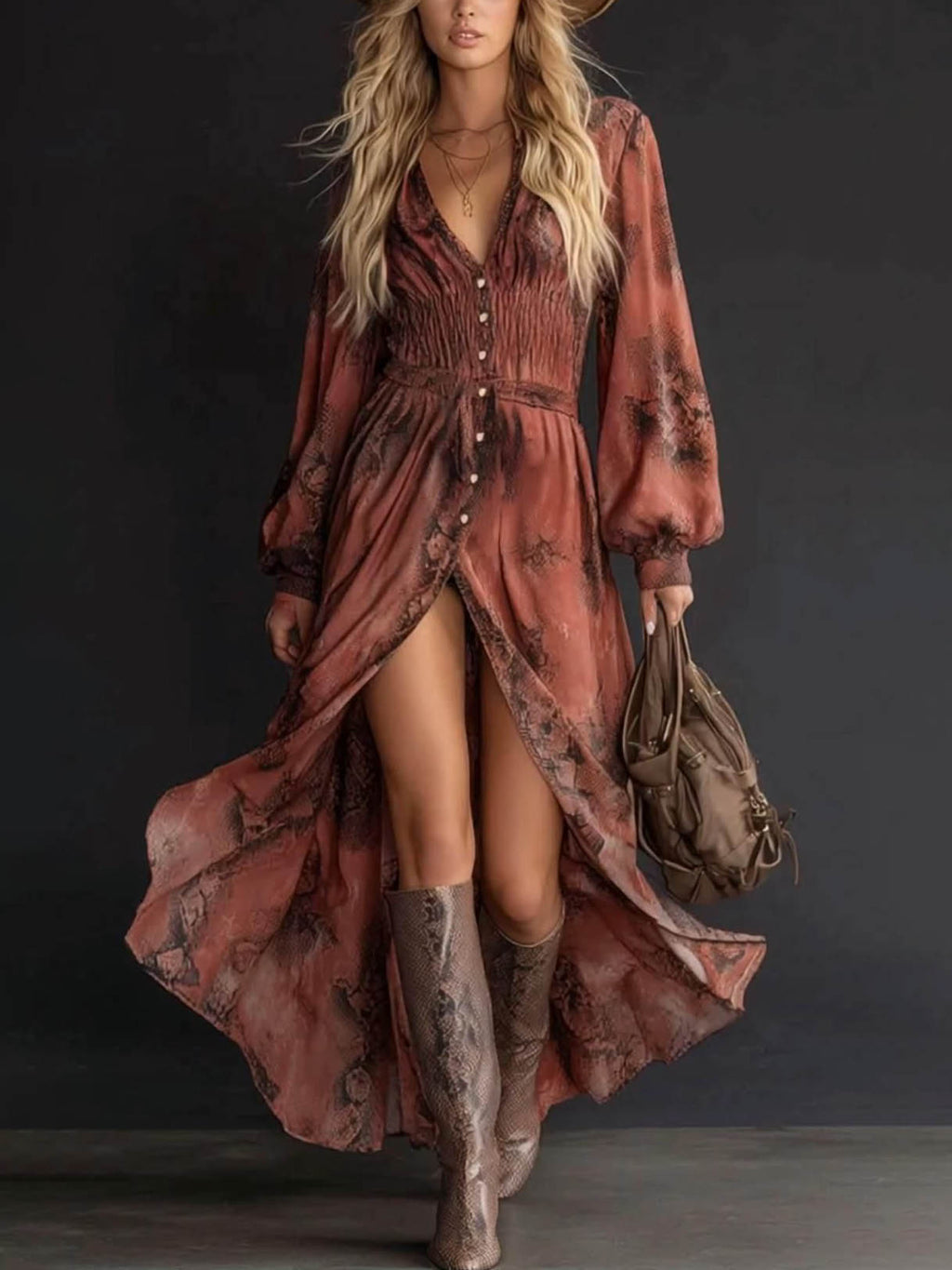 Casual V-neck Long-sleeved Floral Maxi Dress