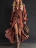 Casual V-neck Long-sleeved Floral Maxi Dress