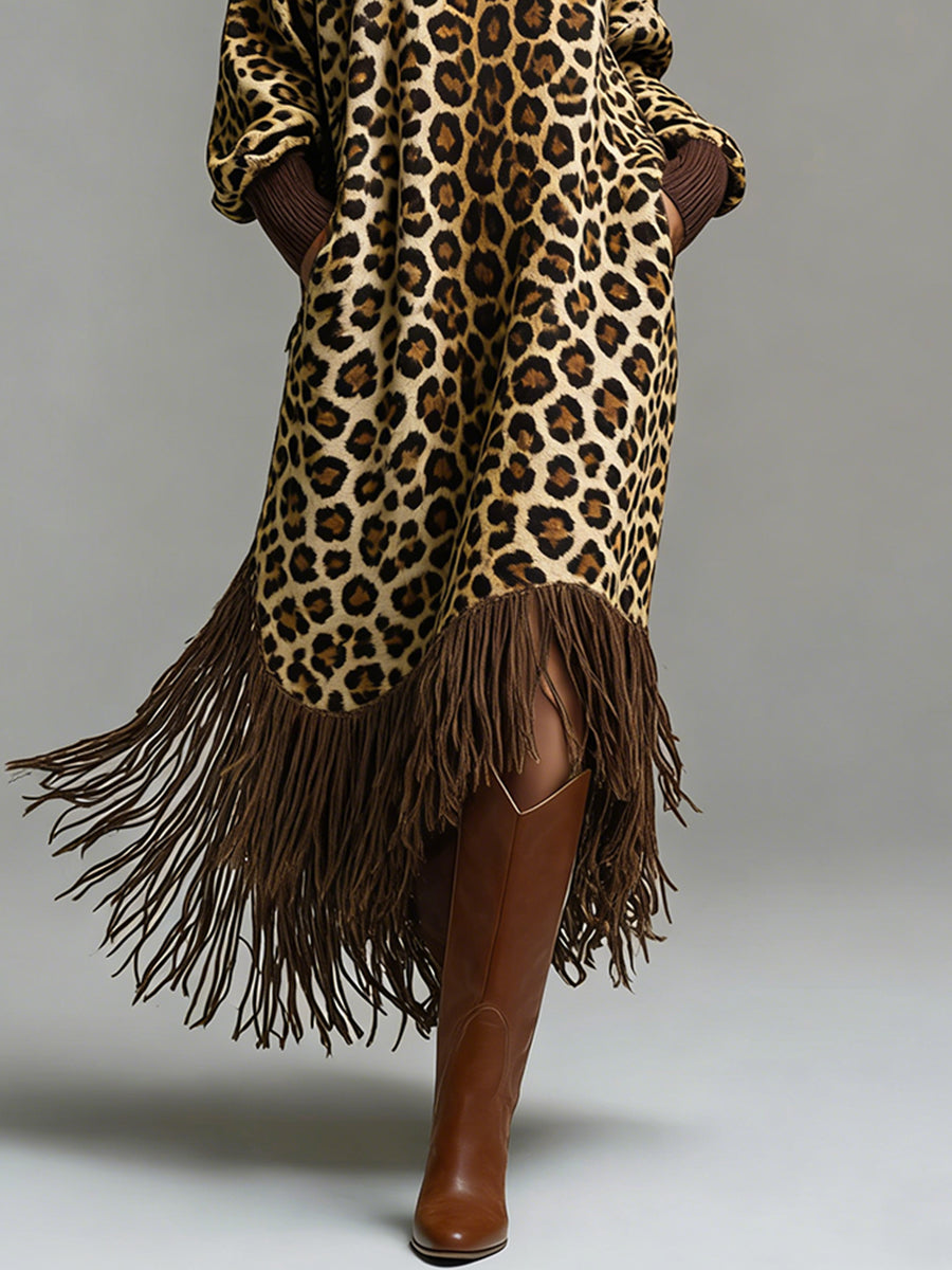sheenchic Daily Brown Leopard High Collar Long Sleeve Strappy Vintage Pocket Maxi Dresses