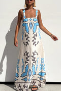 Unique Print Square Neck Open Back Lace-Up Loose Maxi Dress