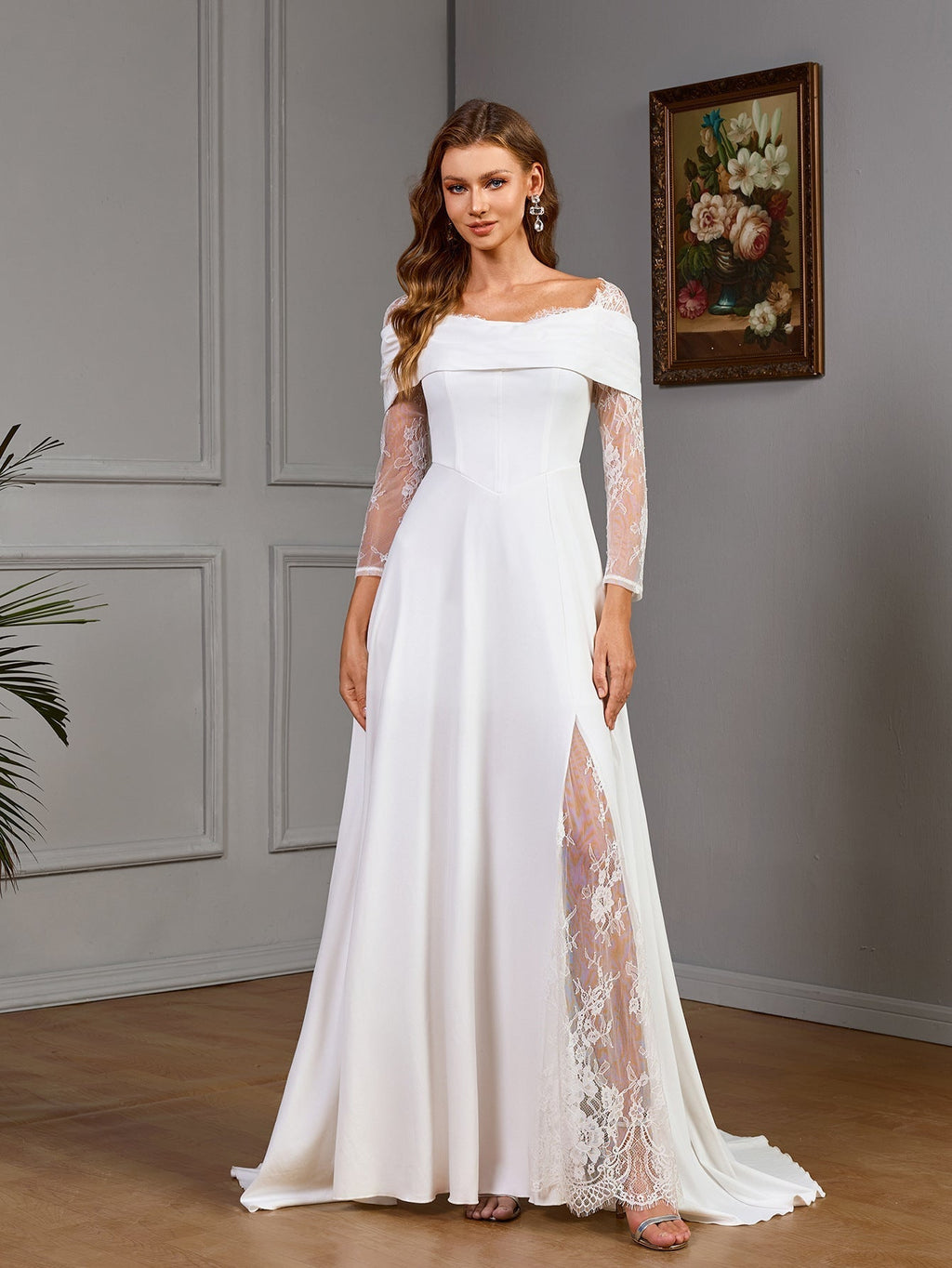Bandeau Slim Fit Wedding Dress Solid Color Split Maxi Dress