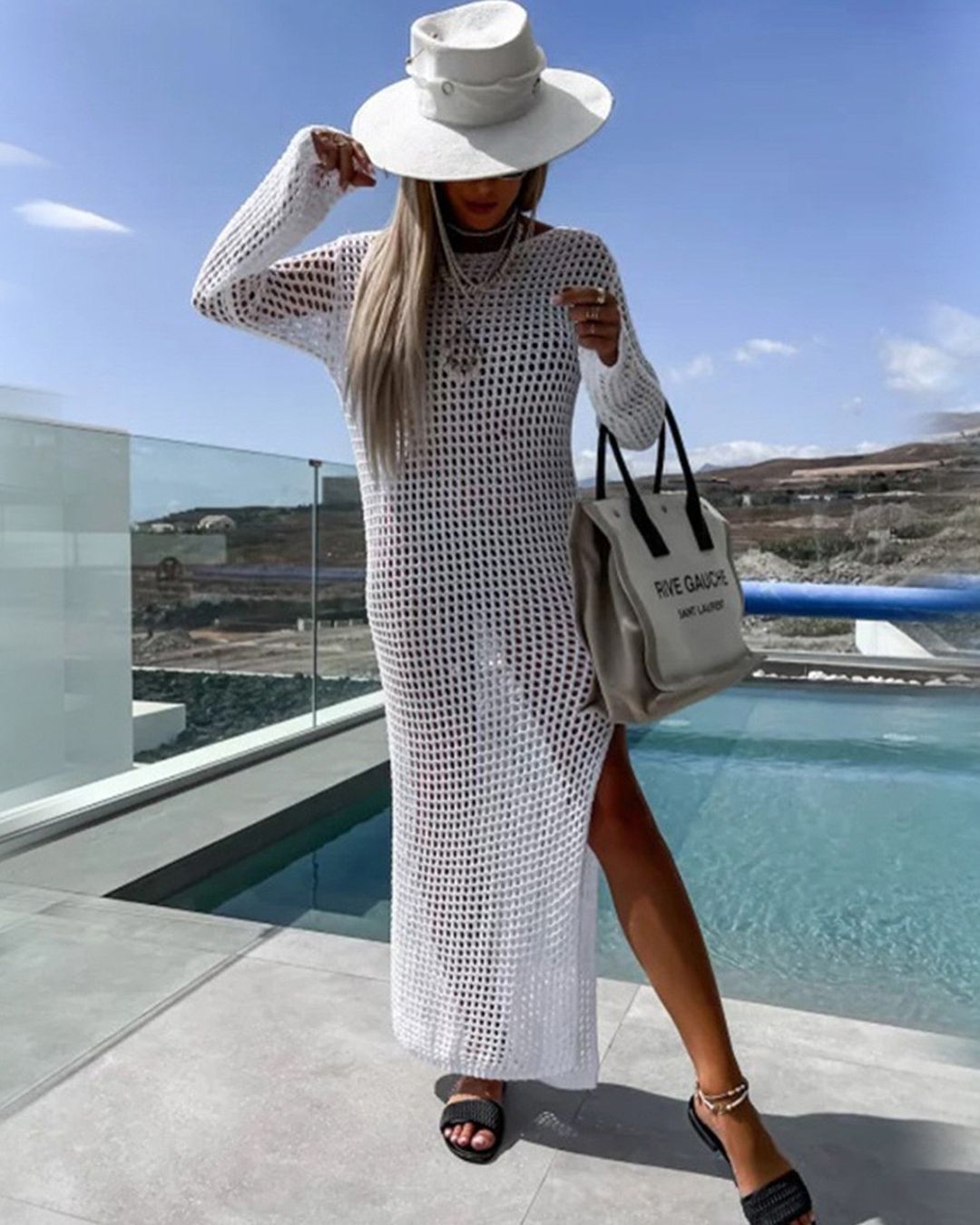 Vacation Beach Blouse Knitted Hollow Out Cutout out Maxi Dress Beach Cover Up Dress