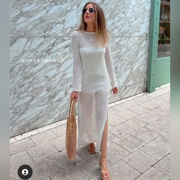 Vacation Beach Blouse Knitted Hollow Out Cutout out Maxi Dress Beach Cover Up Dress