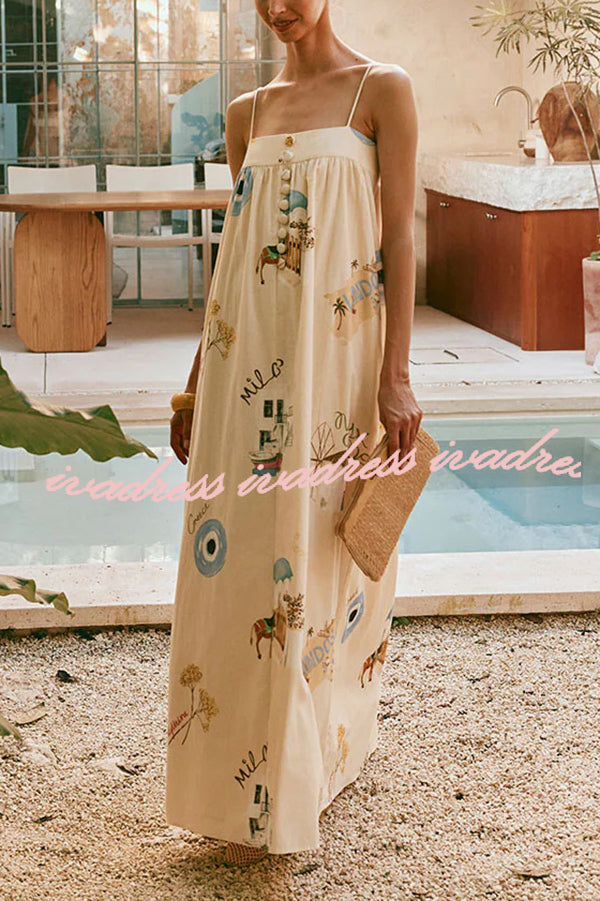 Linen Blend Sling Backless Loose Holiday Maxi Dress
