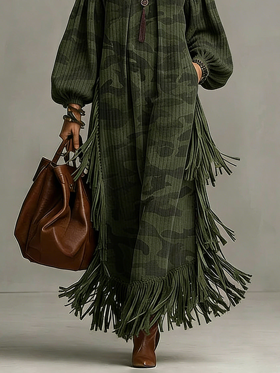 sheenchic Daily Army Green Camo High Collar Lantern Sleeve Long Sleeve Strappy Vintage Pocket Maxi Dresses [Pre-Order]