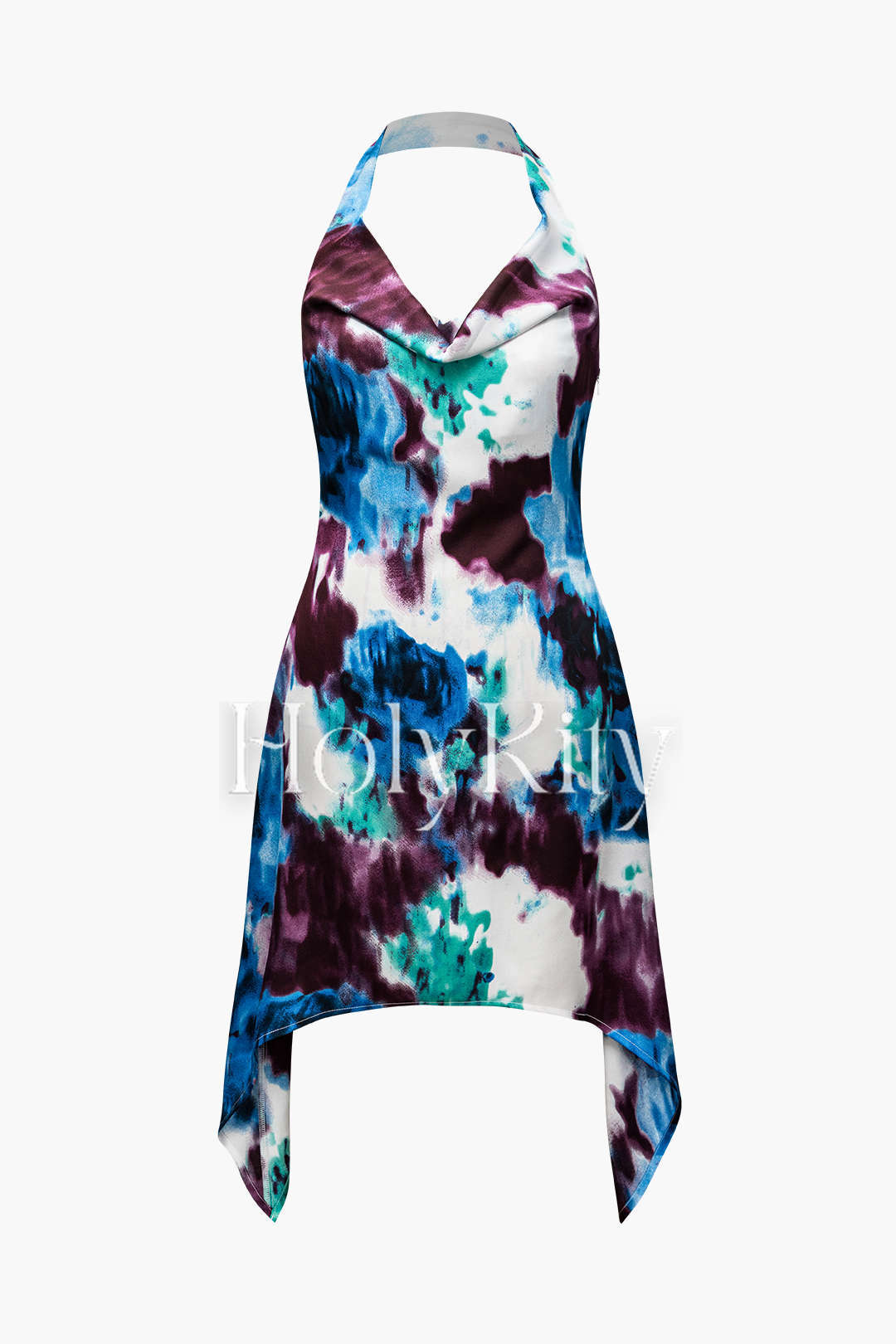 Tie Dye Cowl Neck Satin Halter Mini Dress