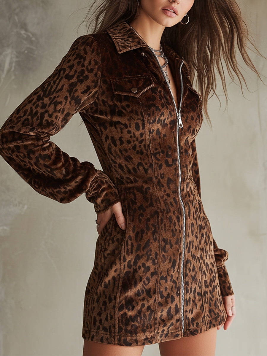 Retro Short Velvet Leopard Print Lantern Sleeve Mini Dress