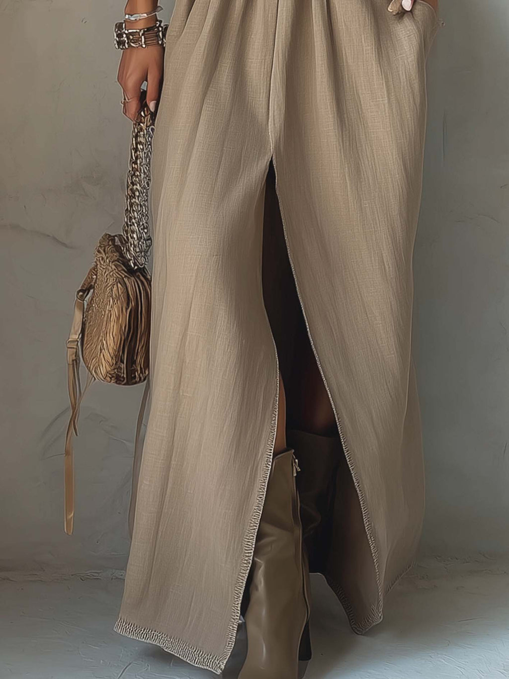 Khaki Cutout Waist Cotton Linen Maxi Dress