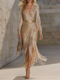Chic And Sophisticated V-neck Tassel Champagne Shimmering Maxi Dress