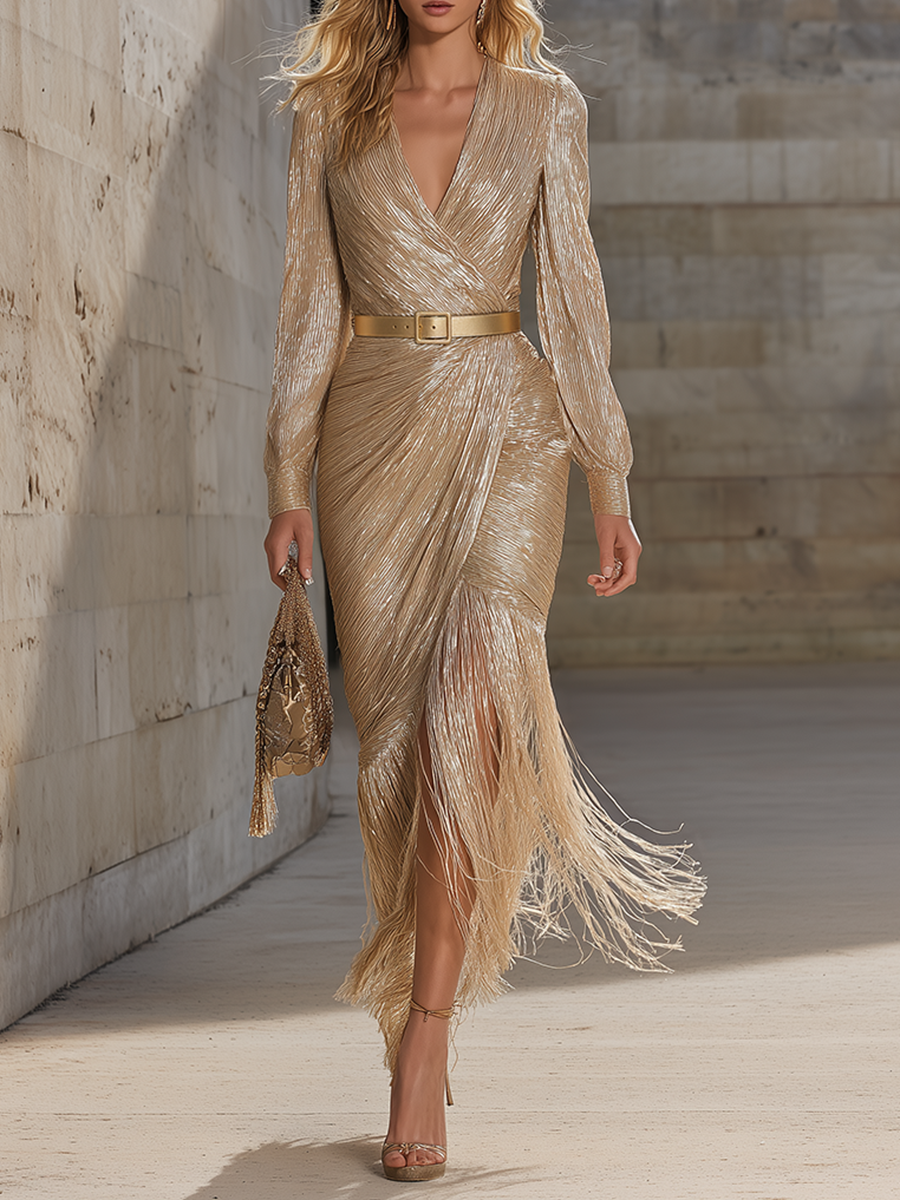 Chic And Sophisticated V-neck Tassel Champagne Shimmering Maxi Dress