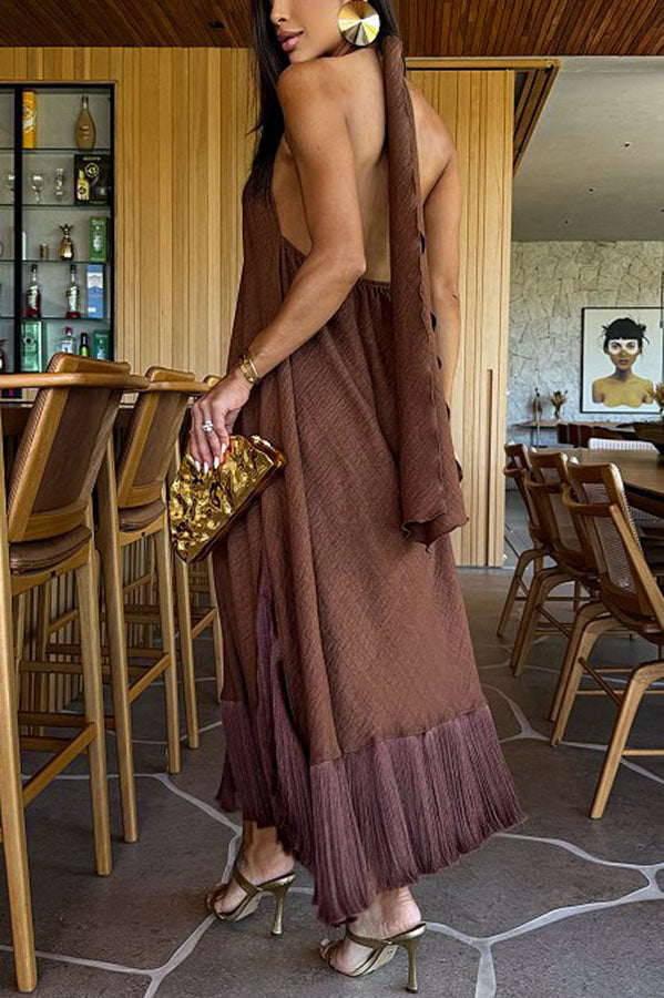 Vacation Vibe Metal Decoration Tassel Trim Halter Backless A-line Maxi Dress